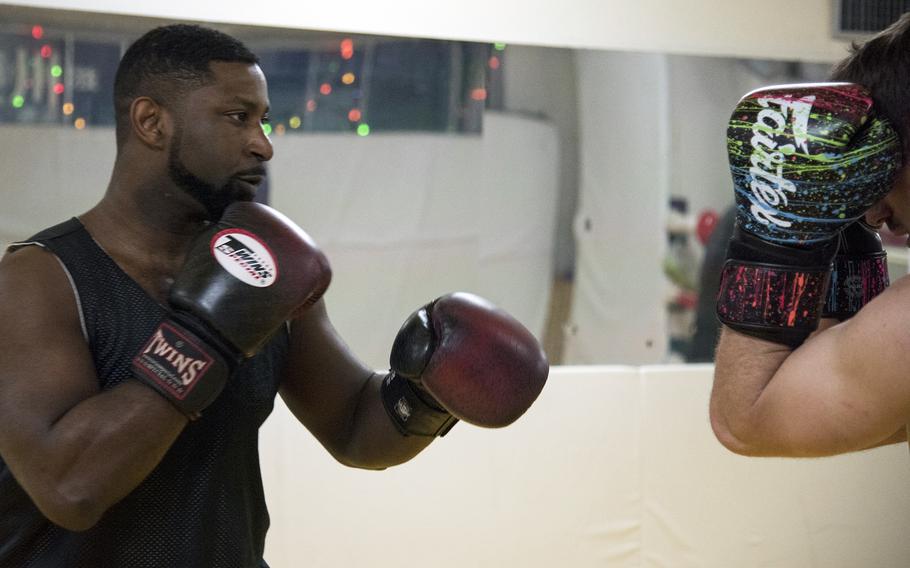 Air Force Staff Sgt. Charles Prete, a defense courier and MMA fighter stationed at Yokota Air Base, Japan, trains at Alpha Reversal Gym in Tachikawa, April 12, 2023.