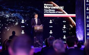 Polish Prime Minister Mateusz Morawiecki speaks at the Strategic Ark Conference in Warsaw on May 19, 2022. Morawiecki said his country is prepared to construct new bases to host more NATO forces, and he urged other countries along the alliance's eastern flank to do likewise.