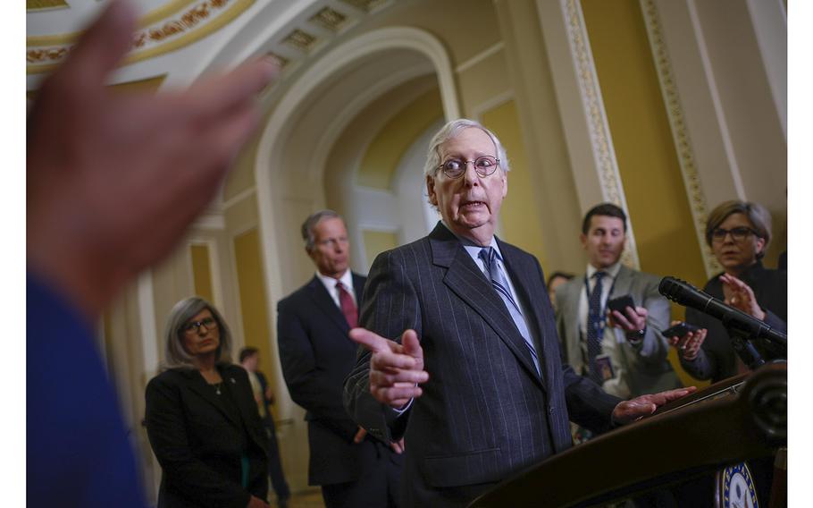 Senate Minority Leader Mitch McConnell, R-Ky., takes questions during a briefing following the weekly Senate Republican policy luncheon at the U.S. Capitol on Feb. 28, 2023, in Washington, D.C. 