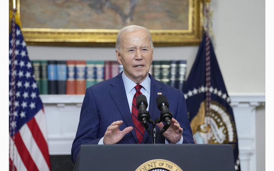 President Joe Biden makes a statement on campus unrest from in the Roosevelt Room of the White House in Washington, D.C., on Thursday, May 2, 2024. 