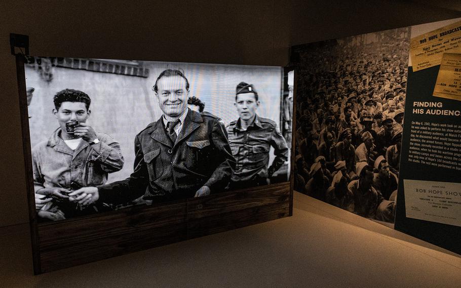 A documentary plays on the big screen during the Bob Hope exhibit at the National Museum of the United States Army in Fort Belvoir, Virginia.