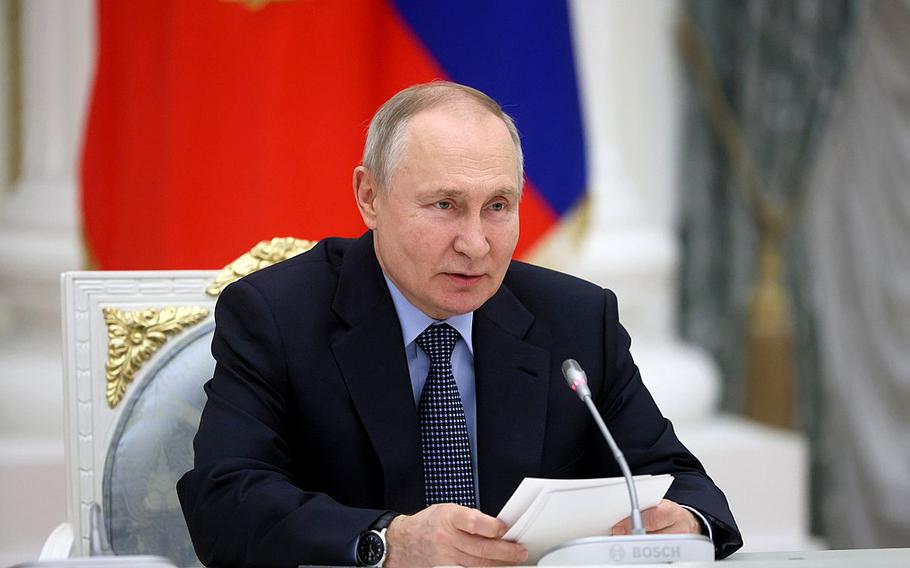 President of Russia Vladimir Putin at a meeting with representatives of the aviation industry in February 2023.