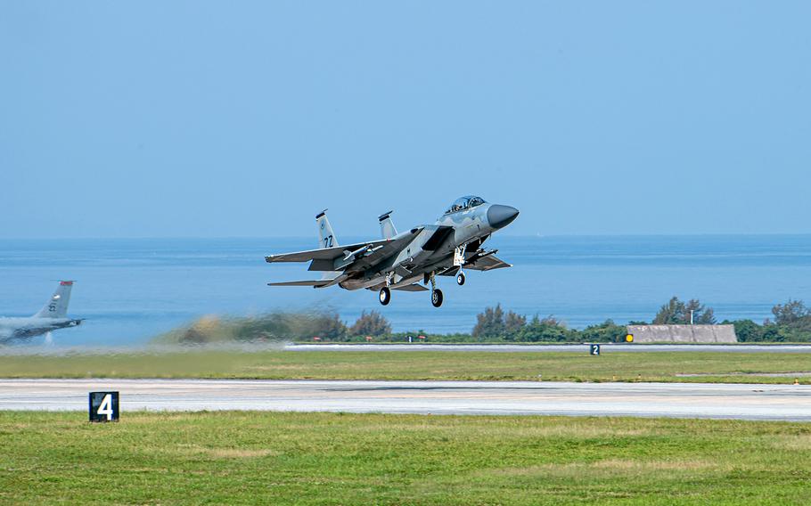 Pacific Air Forces commander Gen. Ken Wilsbach and Capt. James Armstrong, a pilot with the 67th Fighter Squadron, take off in an F-15D Eagle from Kadena Air Base, Okinawa, April 17, 2023.