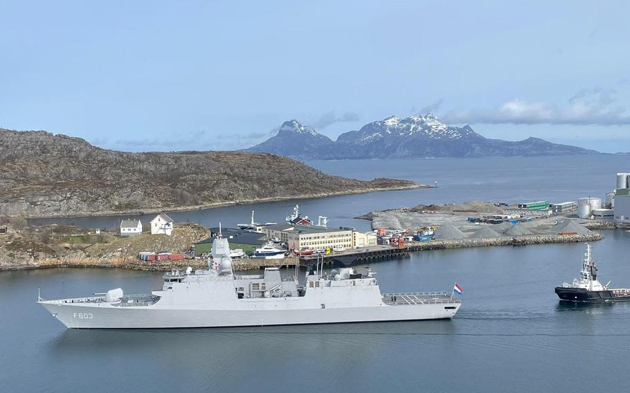 The Dutch navy ship Tromp, shown in an undated photo shared on Facebook by U.S. 6th Fleet, arrives in a North Atlantic port in Norway for exercise Formidable Shield. The exercise began May 8, 2023, and includes a series of live-fire events against subsonic, supersonic and ballistic missiles, U.S. Naval Forces Europe-Africa/U.S. 6th Fleet said.