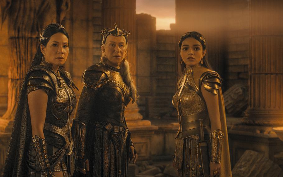 From left: Lucy Liu, Helen Mirren and Rachel Zegler join the franchise in “Shazam! Fury of the Gods,” now playing at many on-base theaters.