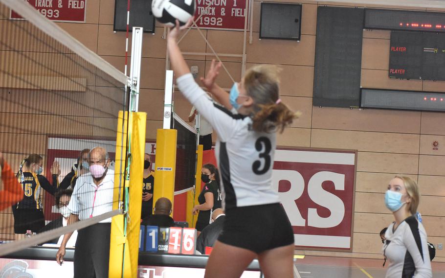 Hohenfels' Sophia Bucalo pushes the ball over the net Friday, Oct. 29, 2021, at the DODEA-Europe Division III tournament in Kaisersluatern, Germany.