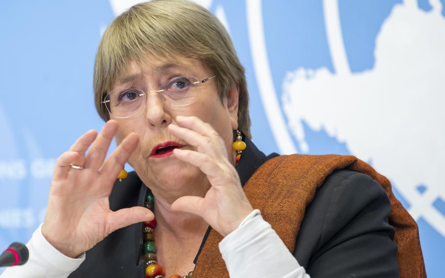 Michelle Bachelet, UN High Commissioner for Human Rights, speaks to the media about the Tigray region of Ethiopia during a press conference at the European headquarters of the United Nations in Geneva, Switzerland, Nov. 3, 2021. 
