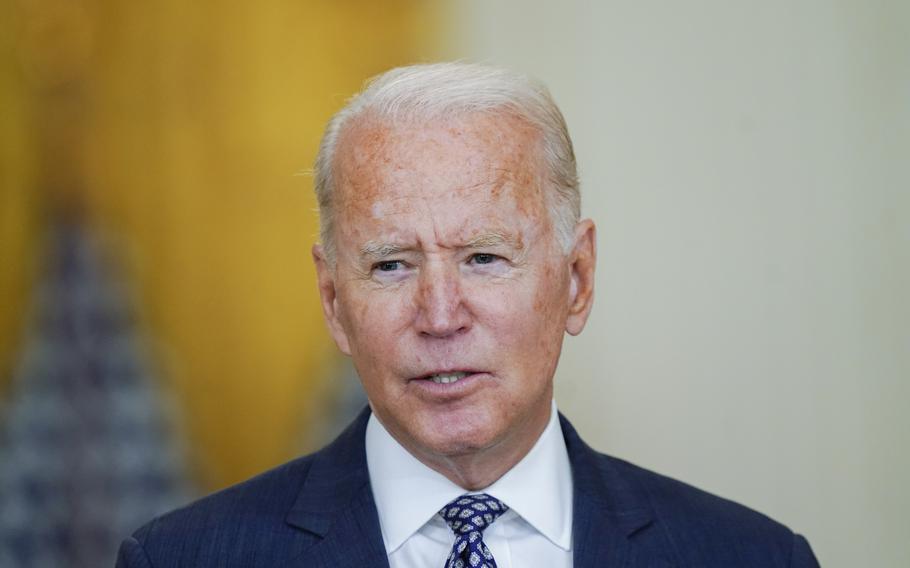 President Joe Biden speaks about the evacuation of American citizens, their families, SIV applicants and vulnerable Afghans in the East Room of the White House in Washington on Aug. 20, 2021. 