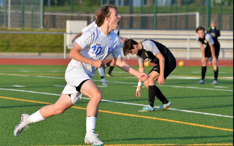 Wiesbaden’s Asher Anderson celebrates his goal against Stuttgart in the boys Division I final at the DODEA-Europe soccer championships in Ramstein, Germany, May 18, 2023. The goal wasn’t enough as the Warriors fell to the Panthers 2-1.