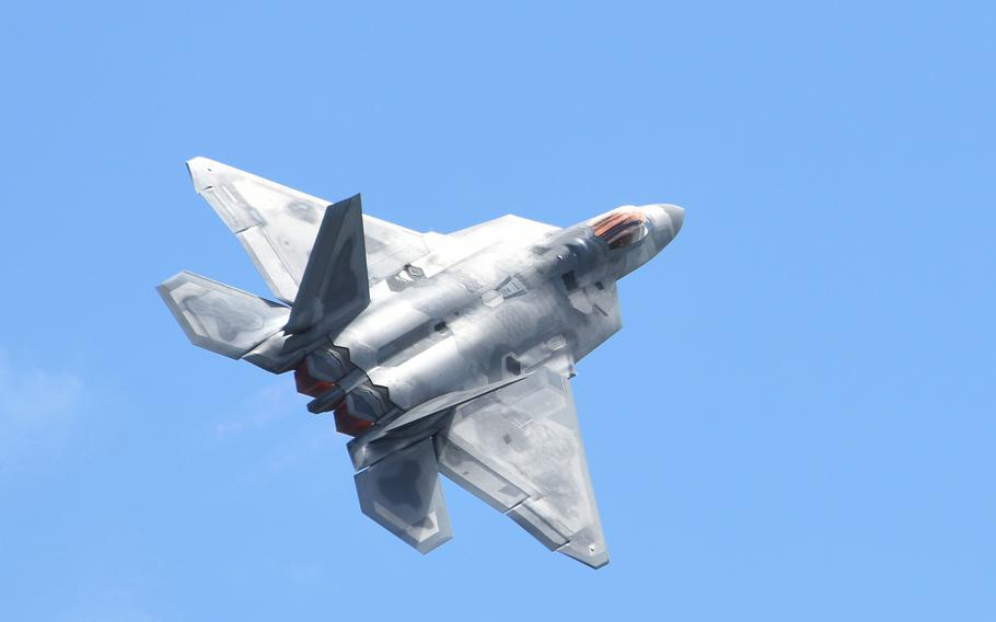 A U.S. Air Force F-22 Raptor performs aerial maneuvers in 2019 at Malmstrom Air Force Base, Mont. The Tampa Bay AirFest will feature a demonstration of the stealth and maneuverability of the F-22 Raptor.
