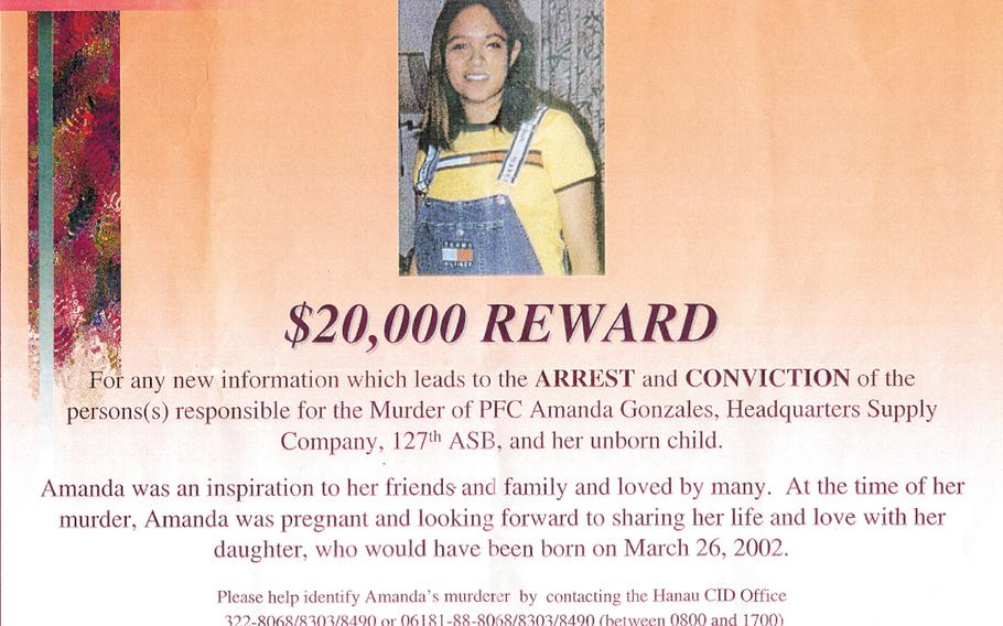 A copy of the 2001 flyer offering $20,000 for information on the death of Amanda Gonzales that year in Hanau, Germany. The reward was raised to $75,000 in 2004. A former soldier, Shannon Wilkerson, was arrested Feb. 23, 2023, and charged with first-degree murder in the killing of Gonzales, the Justice Department said in a statement.
