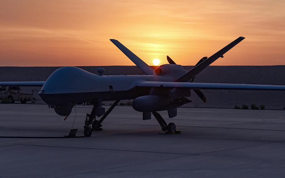 A U.S. Air Force MQ-9 Reaper assigned to the 62nd Expeditionary Attack Squadron at Al Dhafra Air Base, United Arab Emirates, prepares to taxi and launch during Operation Agile Spartan 4 March 10, 2023. According to reports on Saturday, April 27, 2024, Yemen’s Houthi rebels shot down an MQ-9 drone.