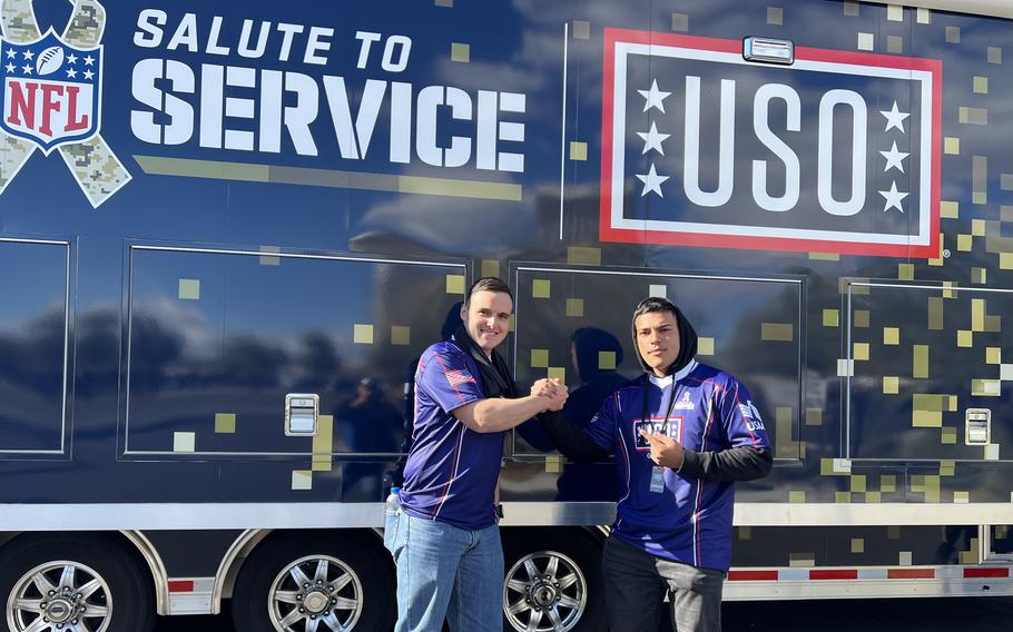Kolton Lehman, left, and Ali Zaidi, winners of last year’s USO Madden NFL tournament. Lehman also is a finalist in this year’s tournament.