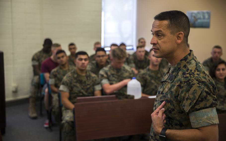 Sgt. Maj. Fabian Casillas, pictured here in June 2019, was fired recently as the senior enlisted leader of the Recruit Training Regiment at Marine Corps Recruit Depot Parris Island, S.C.