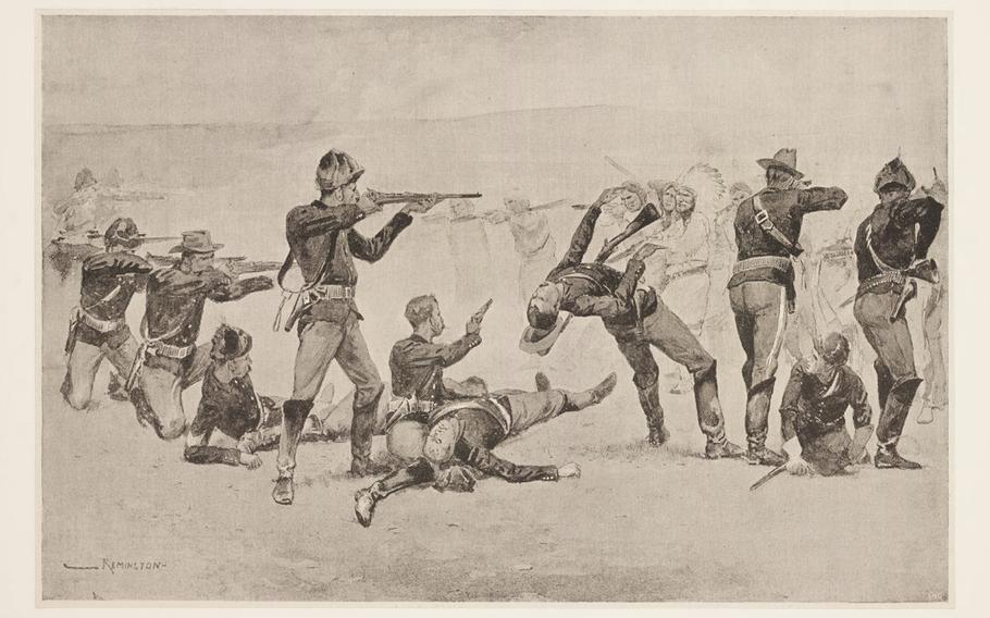 An 1891 engraving depicts an 1890 battle at Wounded Knee. 