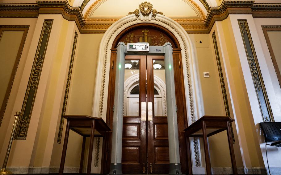 One of the metal detectors installed outside the House chamber last winter after the Jan. 6 attack. 