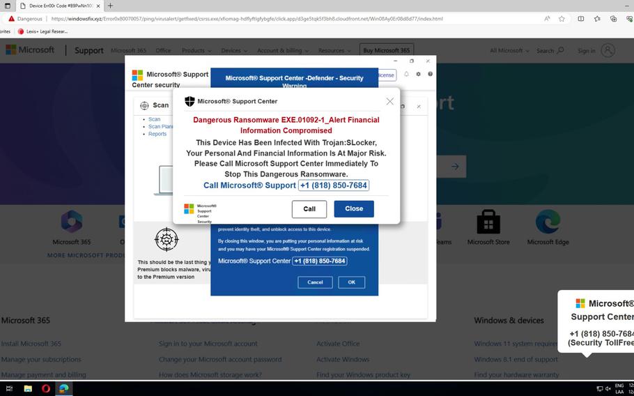 An example of a tech support scam message that pops up on a user’s screen. 