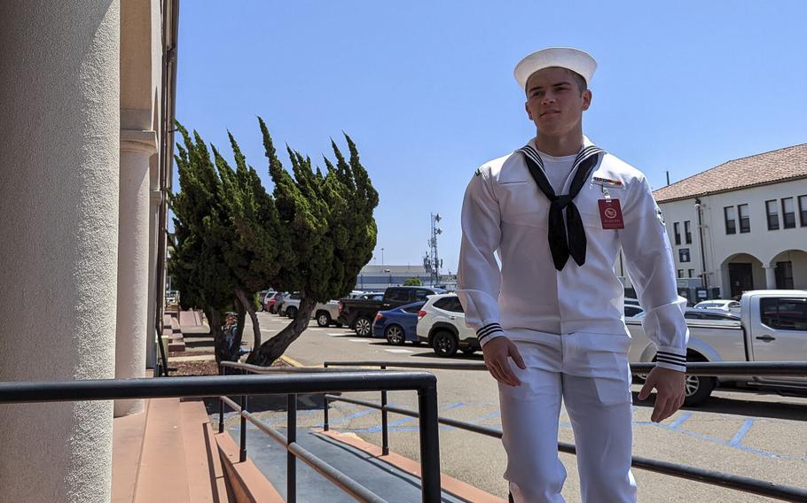 Seaman Recruit Ryan Mays, 21, approaches the Naval Base San Diego courthouse after a lunch break on August 17, 2022. Mays was acquitted of arson in the 2020 fire that destroyed the $1.2 billion dolar USS Bonhomme Richard.