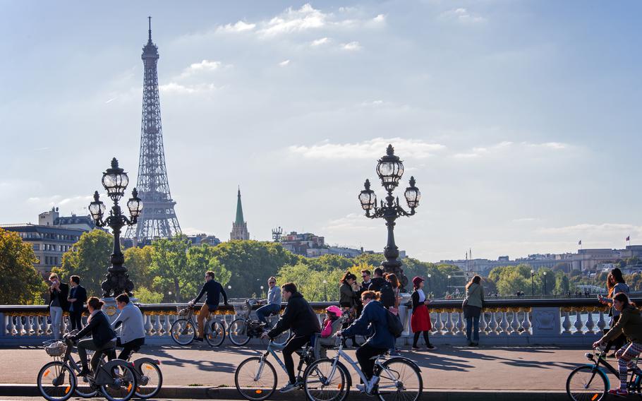 Biking is the new walking in Paris, as private car traffic has been banned on some major roads.              