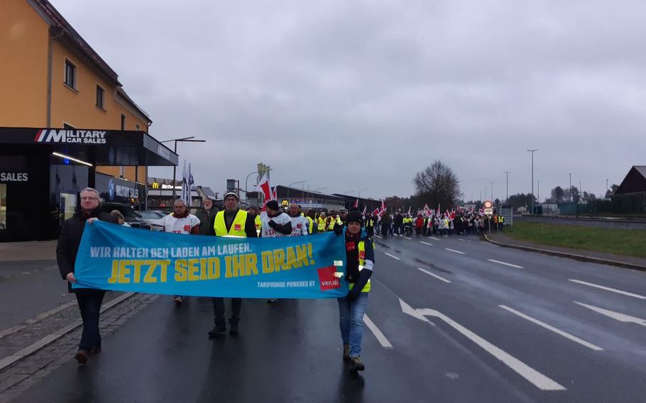 Civilian employees of the American military training areas in Hohenfels, Vilseck, Grafenwoehr, Ansbach, Illesheim and Katterbach, all in the German state of Bavaria, went on a daylong strike Wednesday, Dec. 7, 2022. They are demanding a permanent pay increase at a time of rapidly rising prices.