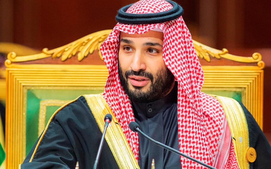 Saudi Crown Prince Mohammed bin Salman, speaks during the Gulf Cooperation Council Summit in Riyadh, Saudi Arabia, Tuesday, Dec. 14, 2021. Strategic U.S. interests in oil and security are pushing President Joe Biden toward meeting with Saudi Crown Prince Mohammed bin Salman during an overseas trip later this month. 