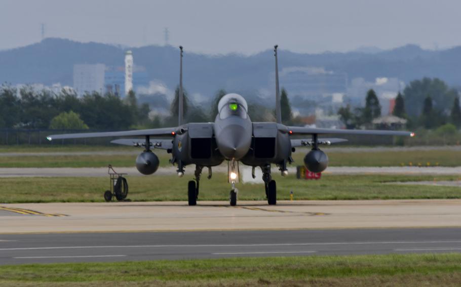 A South Korean air force F-15K Slam Eagle taxis off the runway at Osan Air Base, South Korea, in 2016.