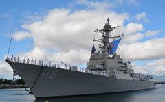 The guided-missile destroyer that will be commissioned next month as the USS Daniel Inouye arrives at Joint Base Pearl Harbor-Hickam, Hawaii, Thursday, Nov. 18, 2021.