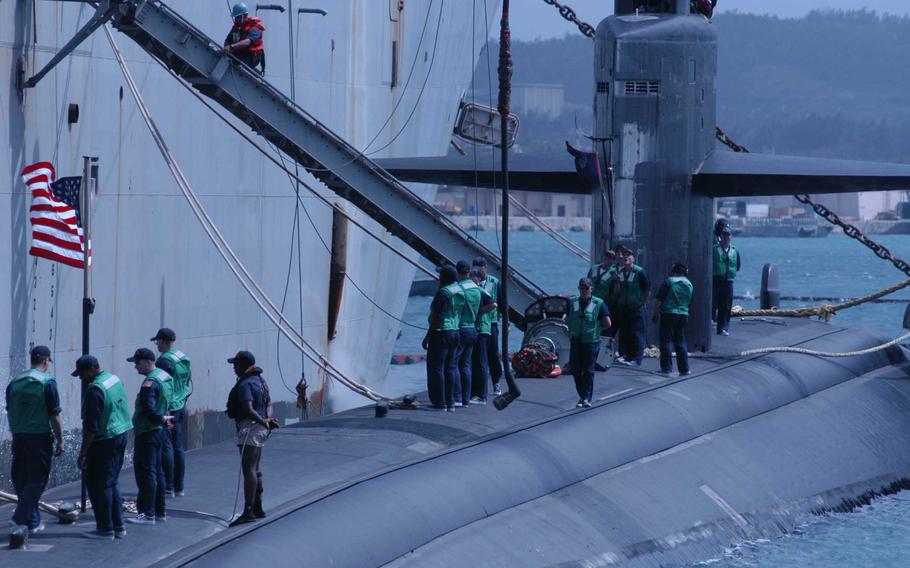 The second sub to arrive for Submarine Squadron 15, USS San Francisco, is moored alongside its tender ship, USS Frank Cable, at Guam’s Polaris Point.