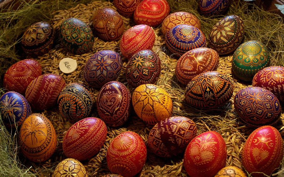 These eggs, decorated with traditional symbolic motifs, were for sale at an Easter egg market in Seligenstadt, Germany. The markets are popular places in the Easter season, and collecting eggs can be an expensive hobby.