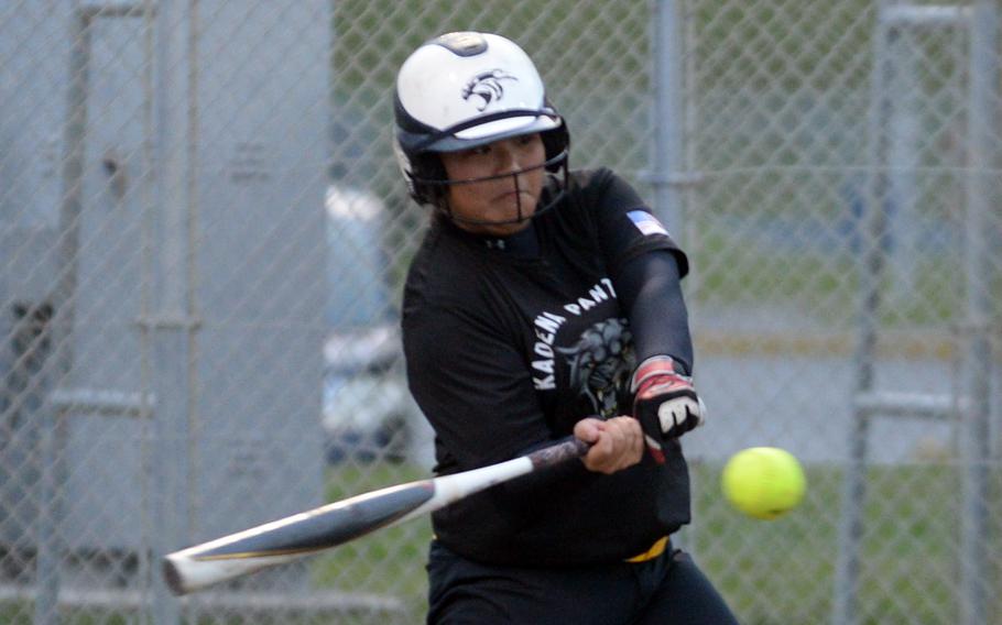 Miharu Barrientes connects on a run-scoring double for Kadena against Kubasaki during Friday's Okinawa softball season opener. The Panthers won 7-0.