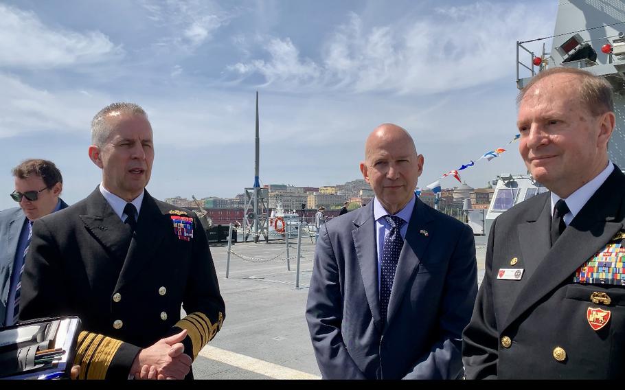 From left, British Royal Navy Adm. Sir Keith Blount, deputy supreme allied commander Europe, U.S. Ambassador to Italy Jack Markell and Adm. Stuart Munsch, commander of U.S. Naval Forces Europe-Africa and Allied Joint Forces Command Naples, speak with reporters aboard U.S. 6th Fleet flagship USS Mount Whitney on April 9, 2024. 