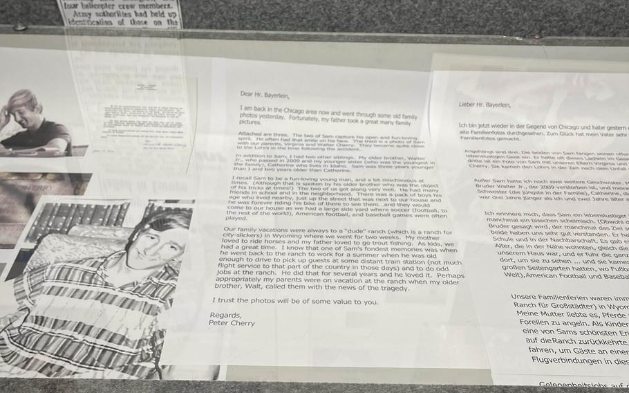 A letter from Peter Cherry, whose brother Pfc. Samuel Cherry was a victim in a helicopter crash that killed 37 U.S. soldiers Aug. 18, 1971 near Pegnitz, Germany. The letter is part of a display about the tragedy at the Museum for Cultural and Military History in Grafenwoehr. 