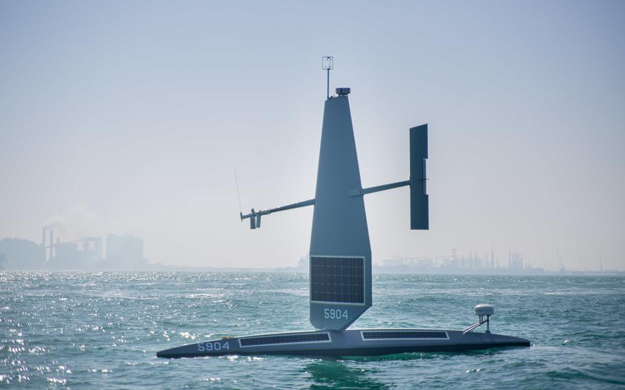 A Saildrone Explorer unmanned surface vessel sails in the Persian Gulf off Bahrain’s coast, Jan. 27, 2022. A Navy task force began testing the unmanned vessel as well as others in 2021.