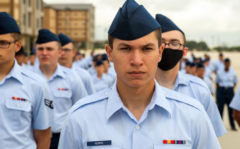 A basic military training graduation at Joint Base San Antonio-Lackland, Texas, July 15, 2021. 