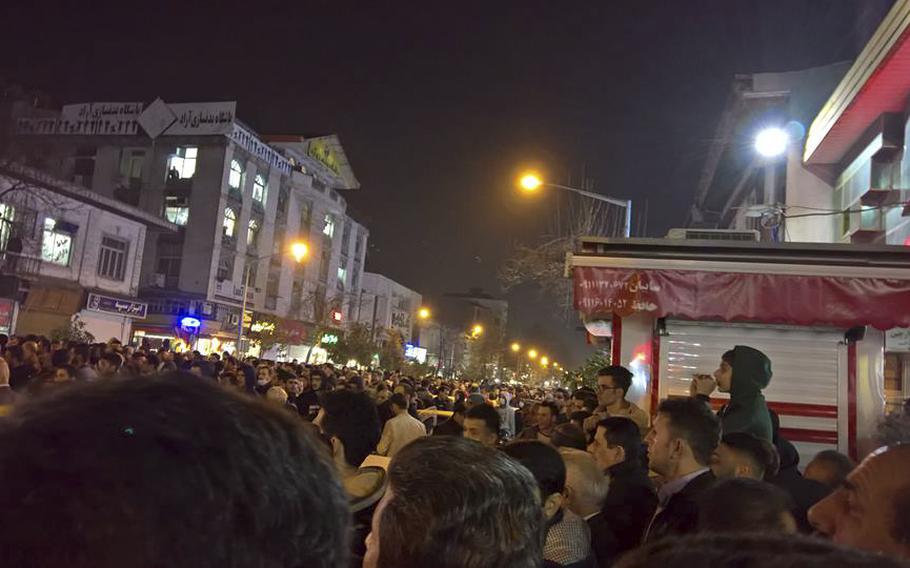 Demonstrators gather to protest in Rasht, Iran, on Dec. 31, 2017. 