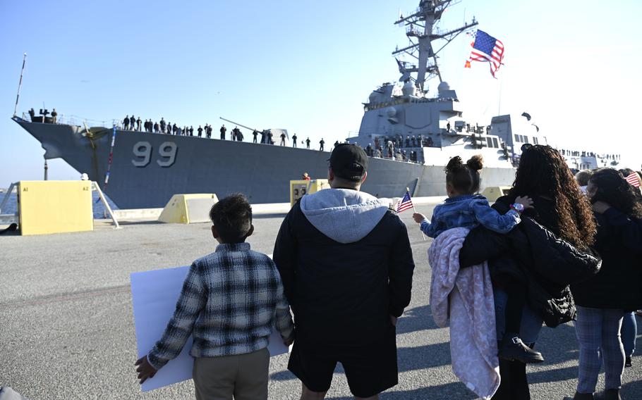 USS Farragut moors at U.S. Naval Station Mayport, Fla., on Feb. 3, 2024, following a deployment to the U.S. Southern Command area of responsibility supporting Joint Interagency Task Force (JIATF)-South’s counter-narcotics operations in the Caribbean Sea. 