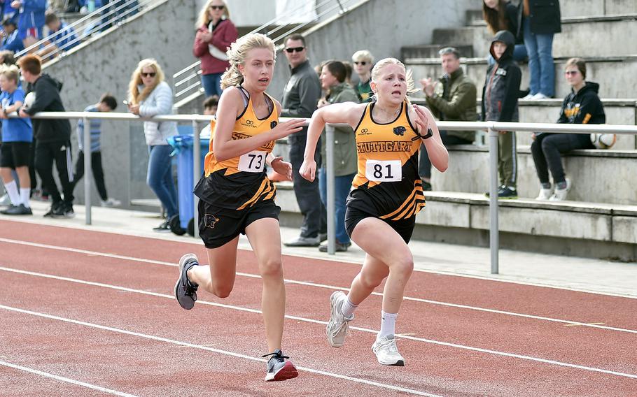 Stuttgart teammates Anna Konon, left, and Regan Stewart duel down the finishing straight for third and fourth place during a cross country meet on Sept. 14, 2024, at Ramstein High School on Ramstein Air Base, Germany. Konon is a favorite in the 1,500 during the spring track season.