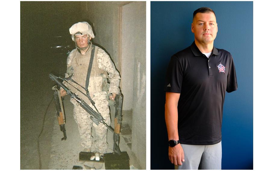 Side-by-side images of Marine veteran Adam Kisielewski: One of him in camouflage combat uniform holding firearms and one of him in casual clothes missing his left arm.