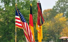 The American and German flags and the 2nd Cavalry Regiment colors are displayed during a change of responsibility ceremony at Rose Barracks in Vilseck, Germany. The Army is offering a $2,000 reward for information leading to the arrest and conviction of anyone responsible for stealing the American and German flags from inside the headquarters building, and raising the Confederate outside, earlier this week.