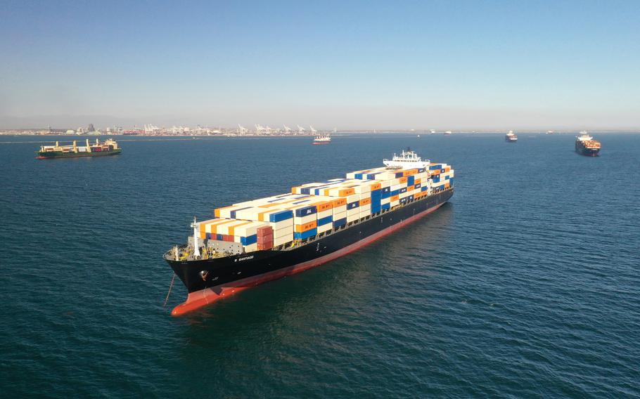 Container ships, such as this one waiting outside the Ports of Los Angeles and Long Beach earlier this year, are now also backed up off the coast of New York’s Long Island. 