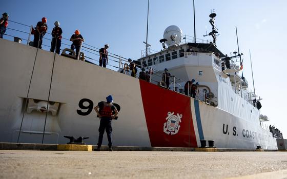 The U.S. Coast Guard Cutter Legare returns to USCG Base Portsmouth on July 13, 2023, after returning from a 69-day patrol in the Florida Straits. (Billy Schuerman/The Virginian-Pilot/TNS)