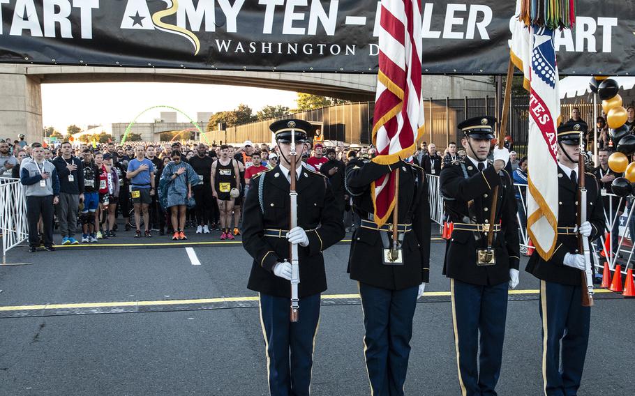 The color guard during the playing of the national anthem before the Army 10-Miler on Sunday, Oct. 9, 2022, at the Pentagon.