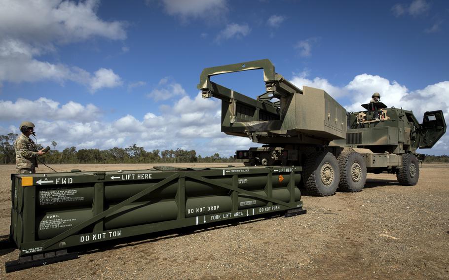 A U.S. soldier prepares to load an Army Tactical Missile System in Australia.
