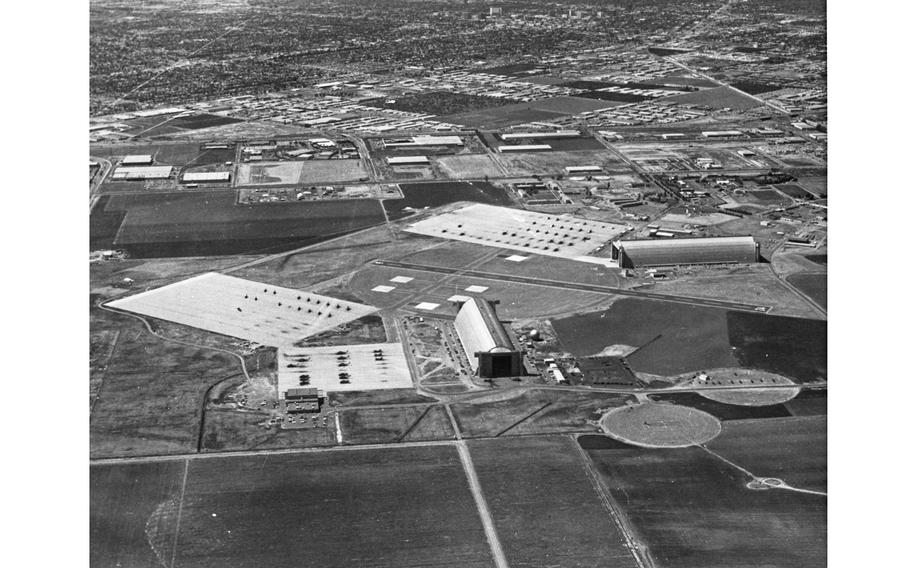 An aerial view of the historic hangars of the former Marine Corps Air Station Tustin.