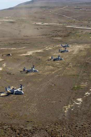 U.S. Marine Corps MV-22B Ospreys with Marine Aircraft Group 39, 3rd Marine Aircraft Wing (MAW), land on San Clemente Island, Calif., during an air assault as part of Exercise Steel Knight 23, Dec. 3, 2022. 