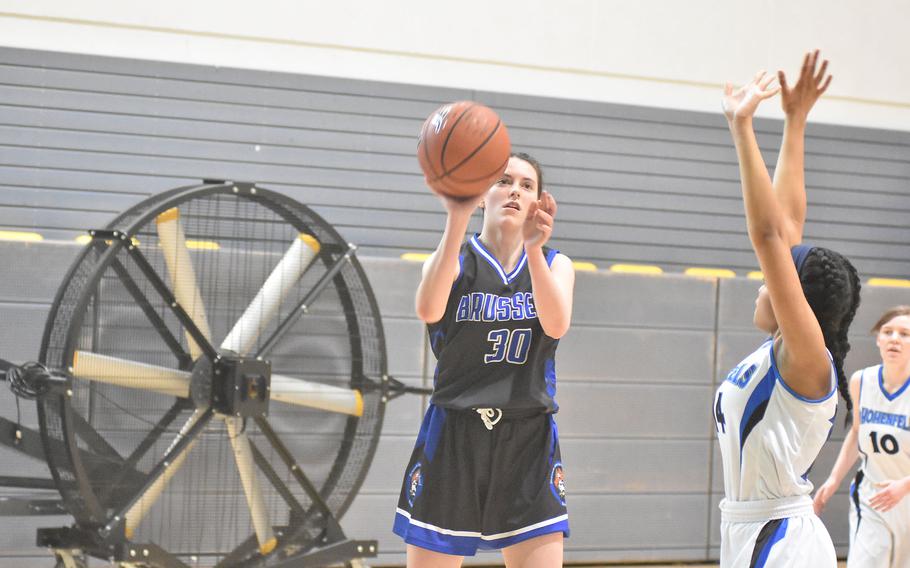 Brussels’ Sofia Chentsova gets ready to shoot in the Brigands’ loss to Hohenfels on Thursday, Feb. 24, 2022 in the DODEA-Europe Division III basketball championships.