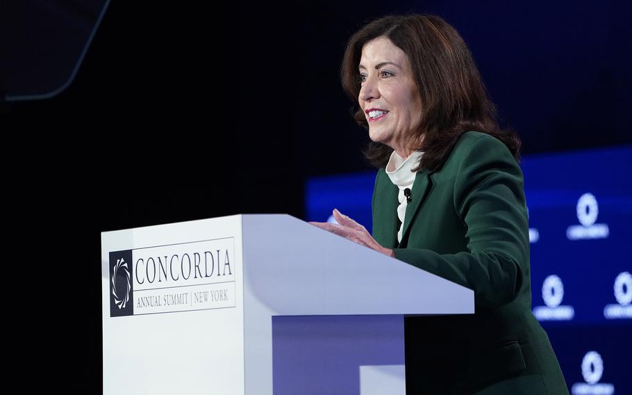 New York Gov. Kathy Hochul speaks onstage at the 2023 Concordia Annual Summit at Sheraton New York on Sept. 19, 2023, in New York City.  