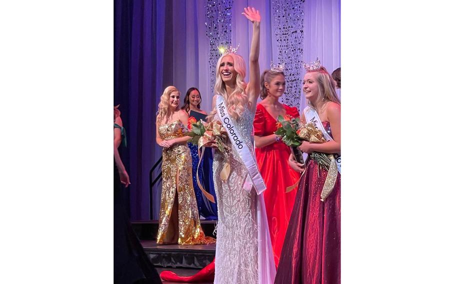 Air Force Academy senior Madison Marsh acknowledges the cheers May 27, 2023, after being crowned Miss Colorado.