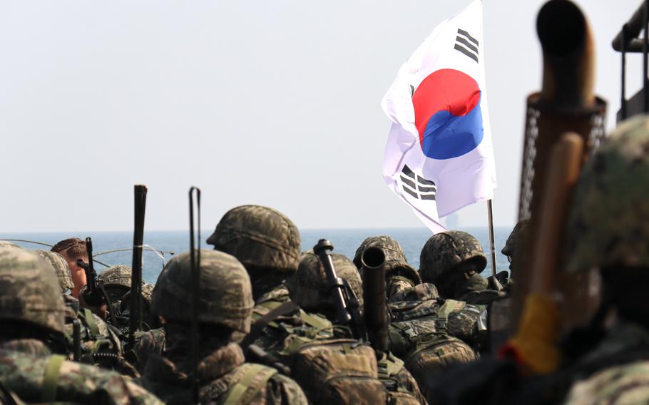 South Korean marines stand in formation during the Ssangyong Exercise in Pohang, South Korea, March 29, 2023.