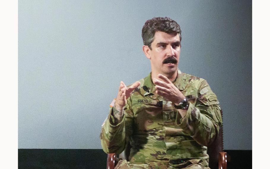Chief Warrant Officer 2 John Hayes speaks with 173rd Airborne Brigade soldiers in Vicenza, Italy, on July 1, 2024, about the 2008 Battle of Wanat in Afghanistan.